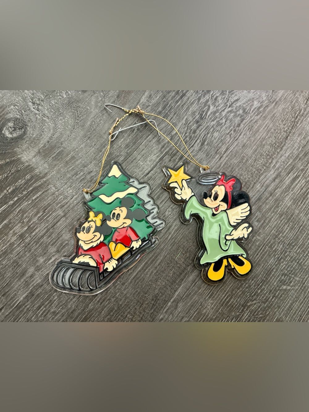 Mickey Minnie Sledding Angel Acrylic Christmas Tree Ornament Sun Catcher Disney